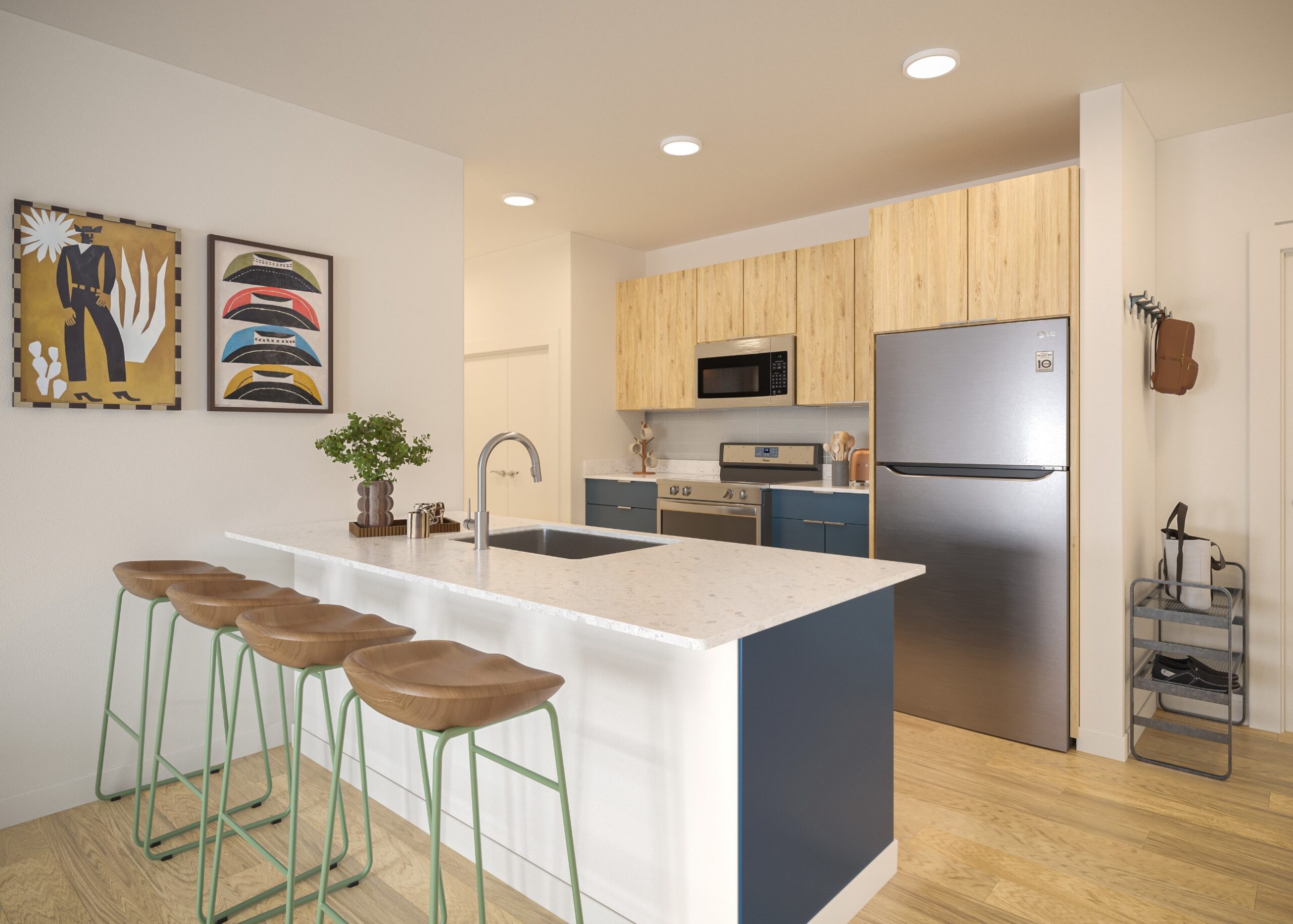 Kitchen rendering with counter seating and quartz countertops