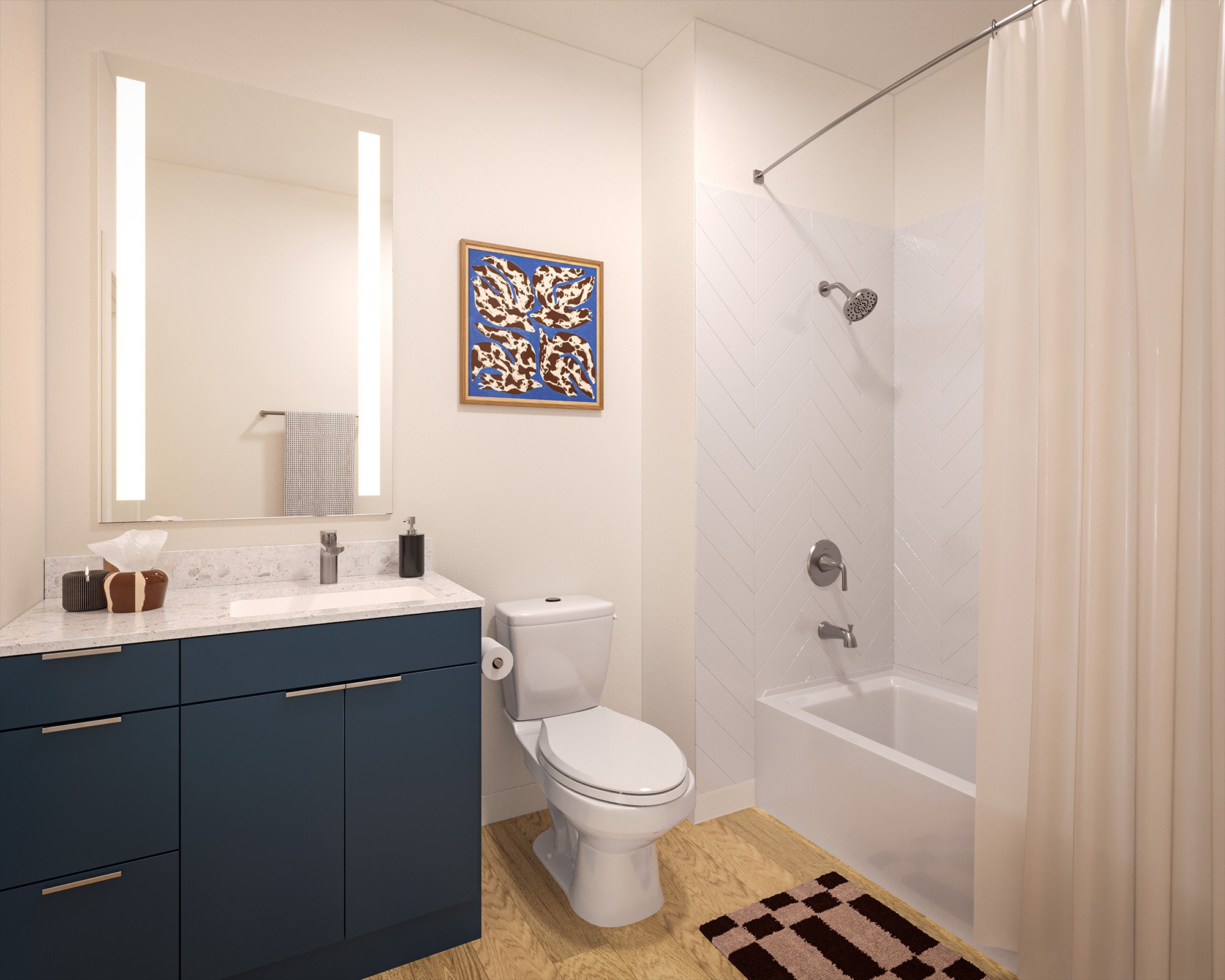 Model bathroom with a tub/shower combination and quartz countertops
