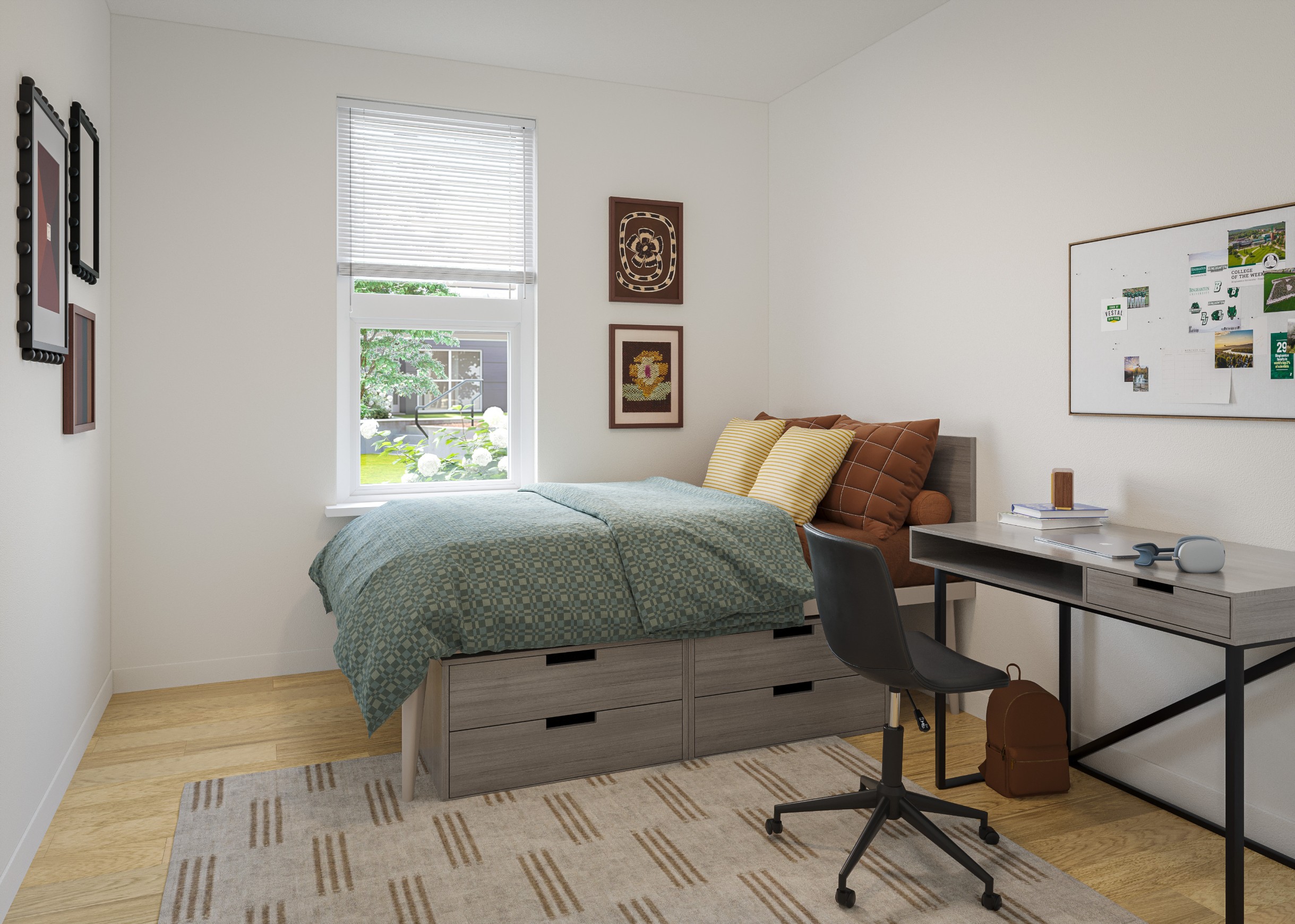 Rendering of a student bedroom with desk and under bed storage