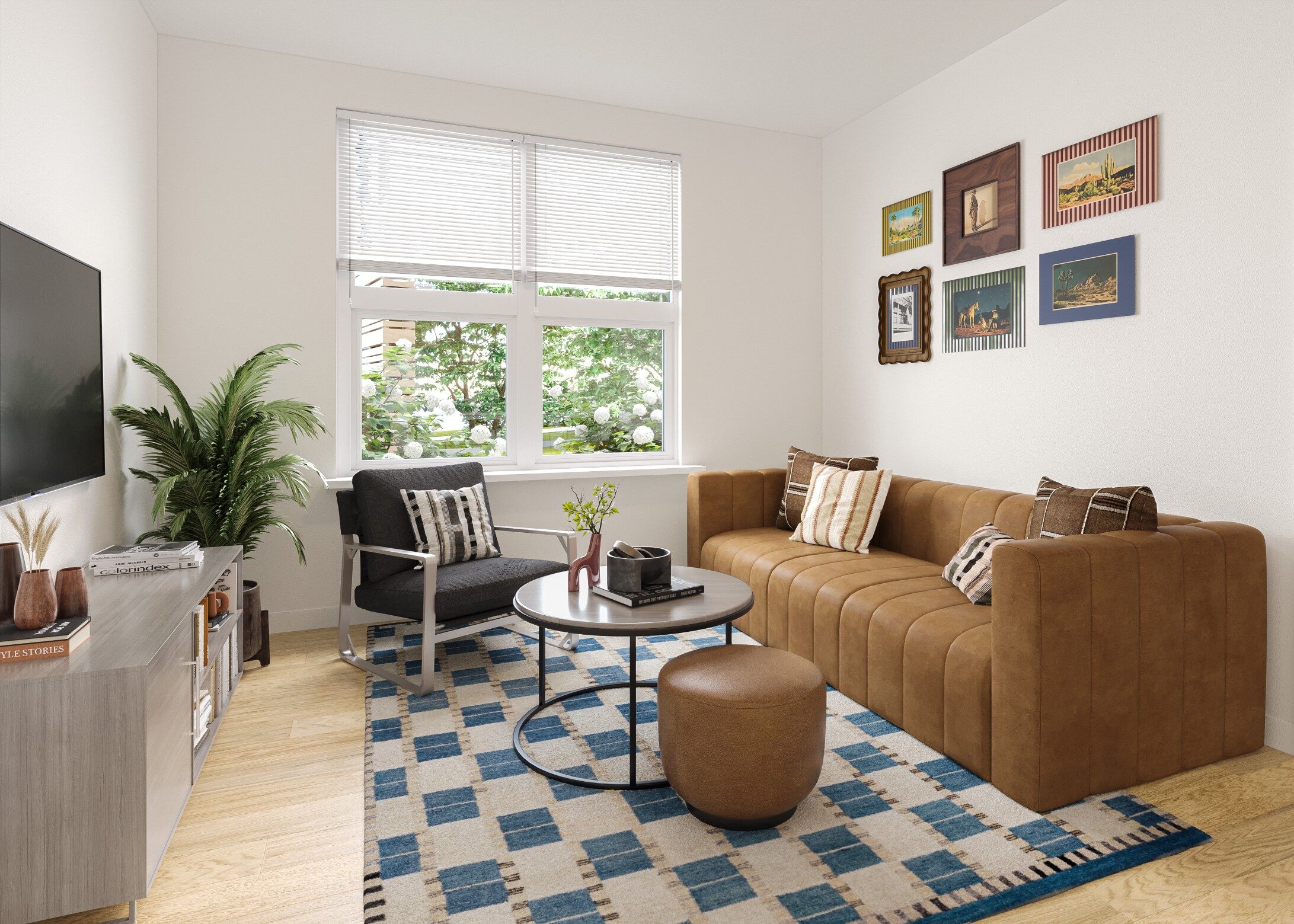 Rendering of model living room at The Marshall Binghamton