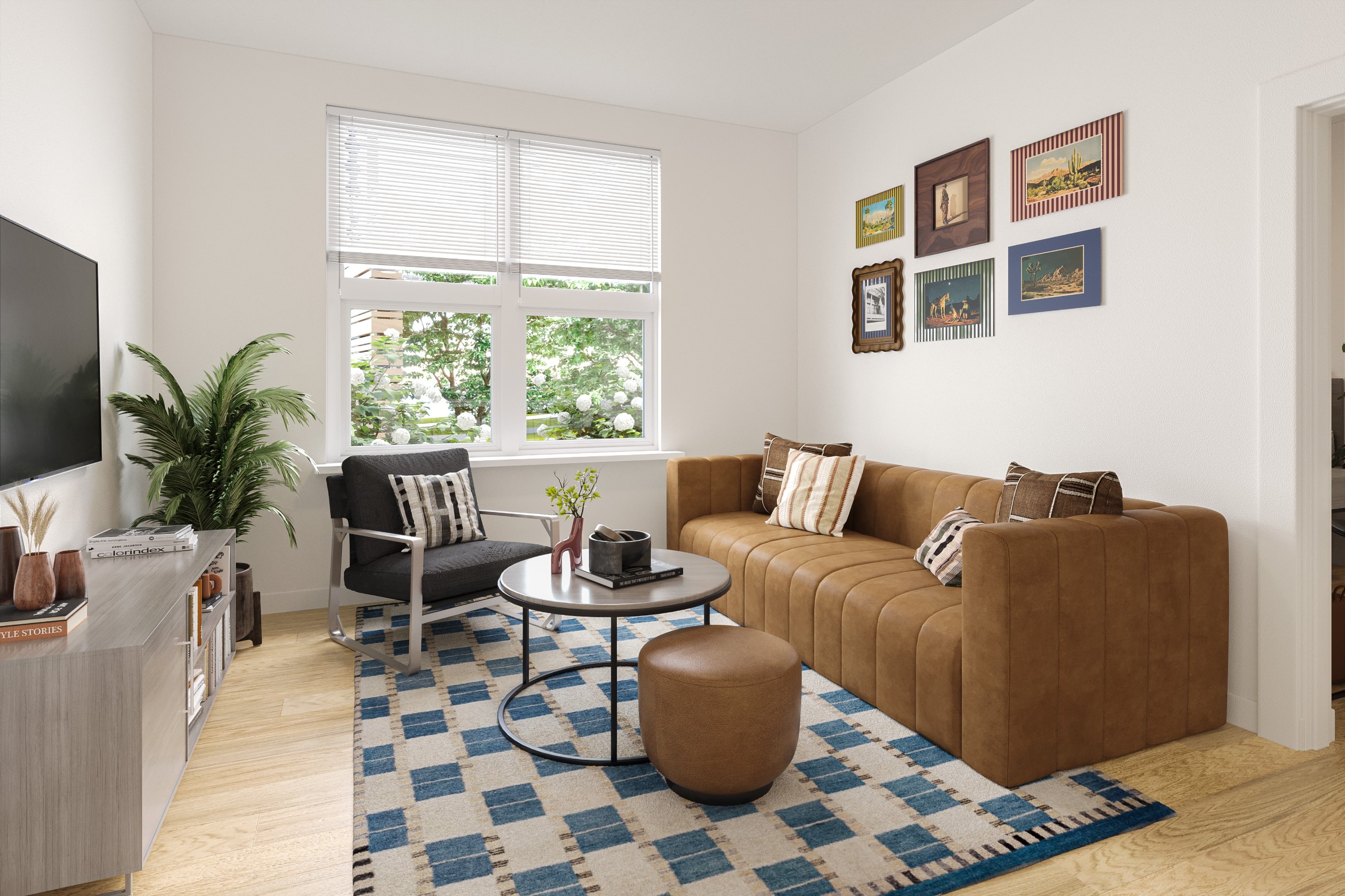 Rendering of model living room at The Marshall Binghamton