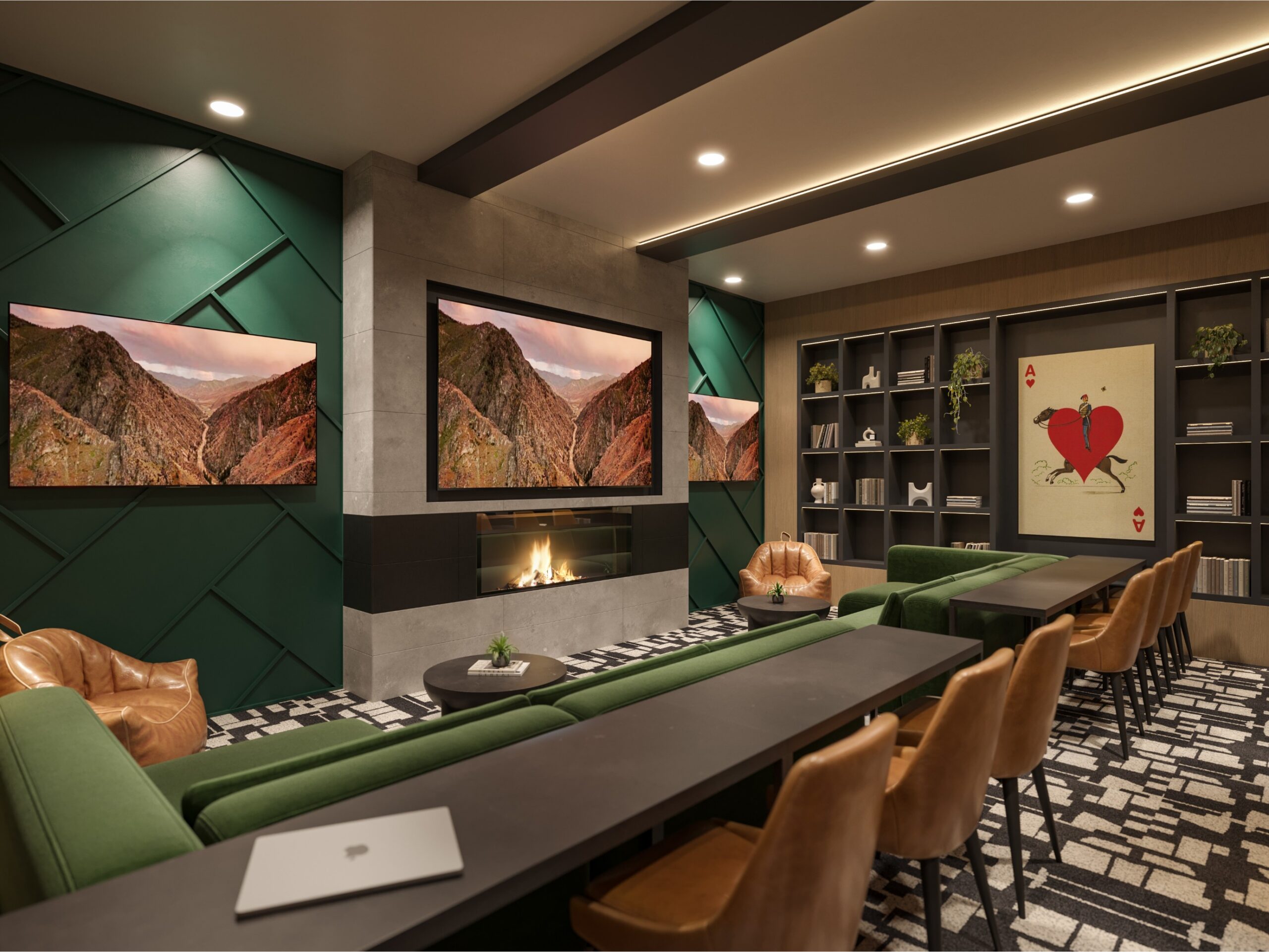 Rendering of study lounge with a fireplace at The Marshall Binghamton