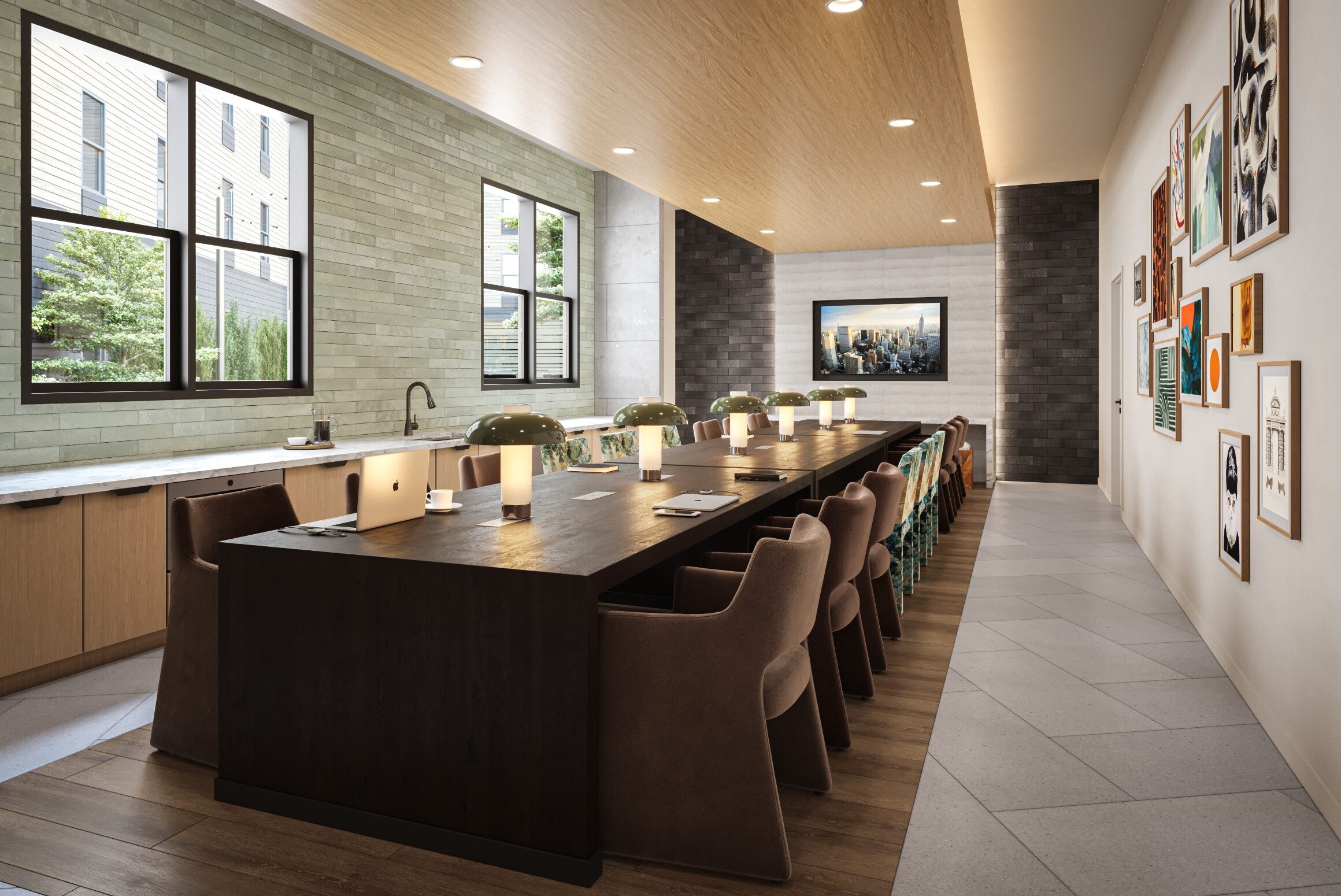 Rendering of the clubroom with a long table and kitchen at The Marshall Binghamton
