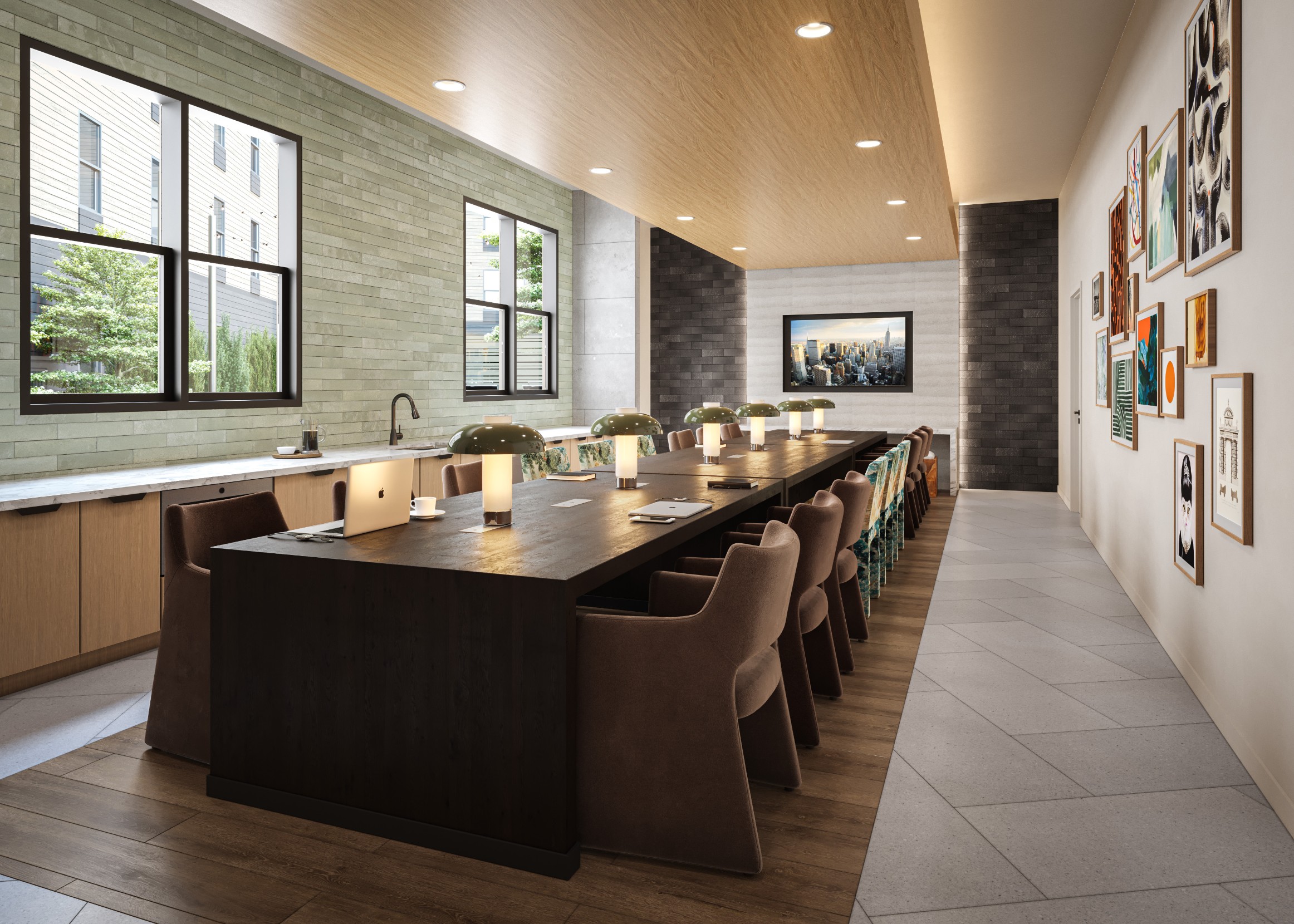 Rendering of the clubroom with a long table and kitchen at The Marshall Binghamton