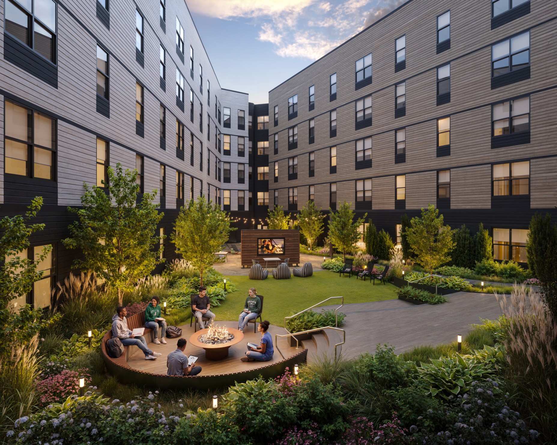 Rendering of the courtyard with a firepit and outdoor screening area at The Marshall Binghamton
