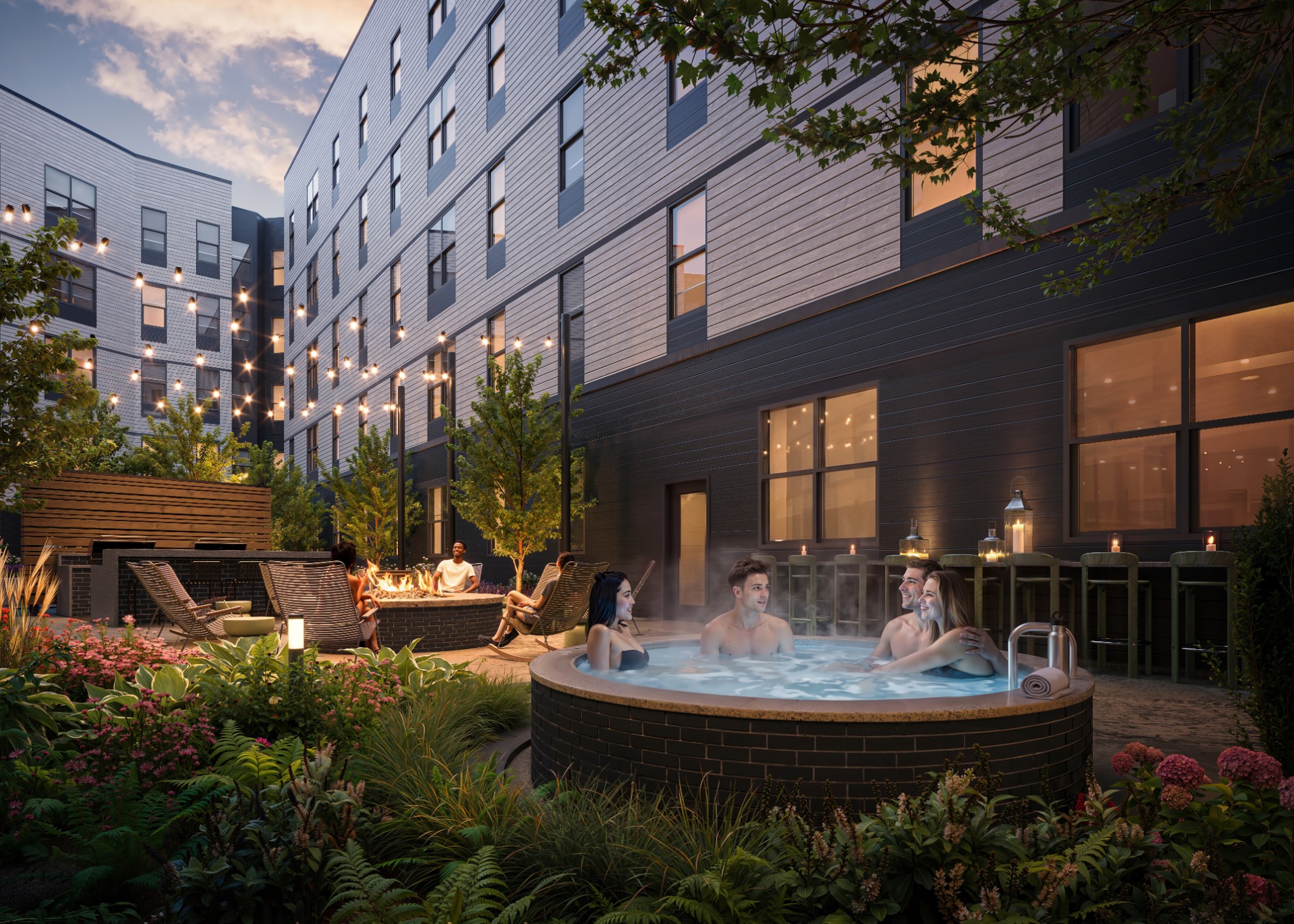 Rendering of the hot tub and firepit at The Marshall Binghamton