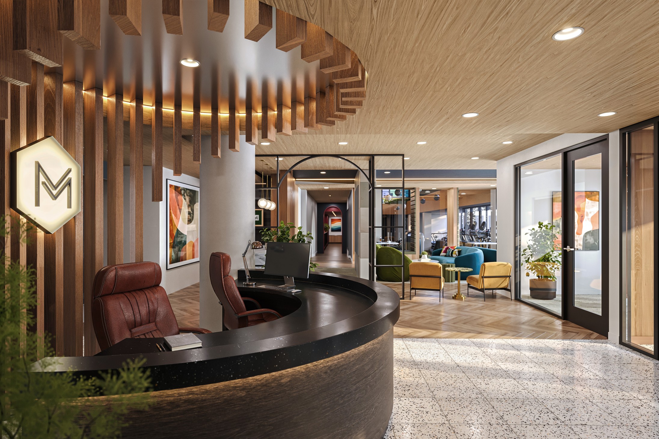 Rendering of the lobby at The Marshall Binghamton