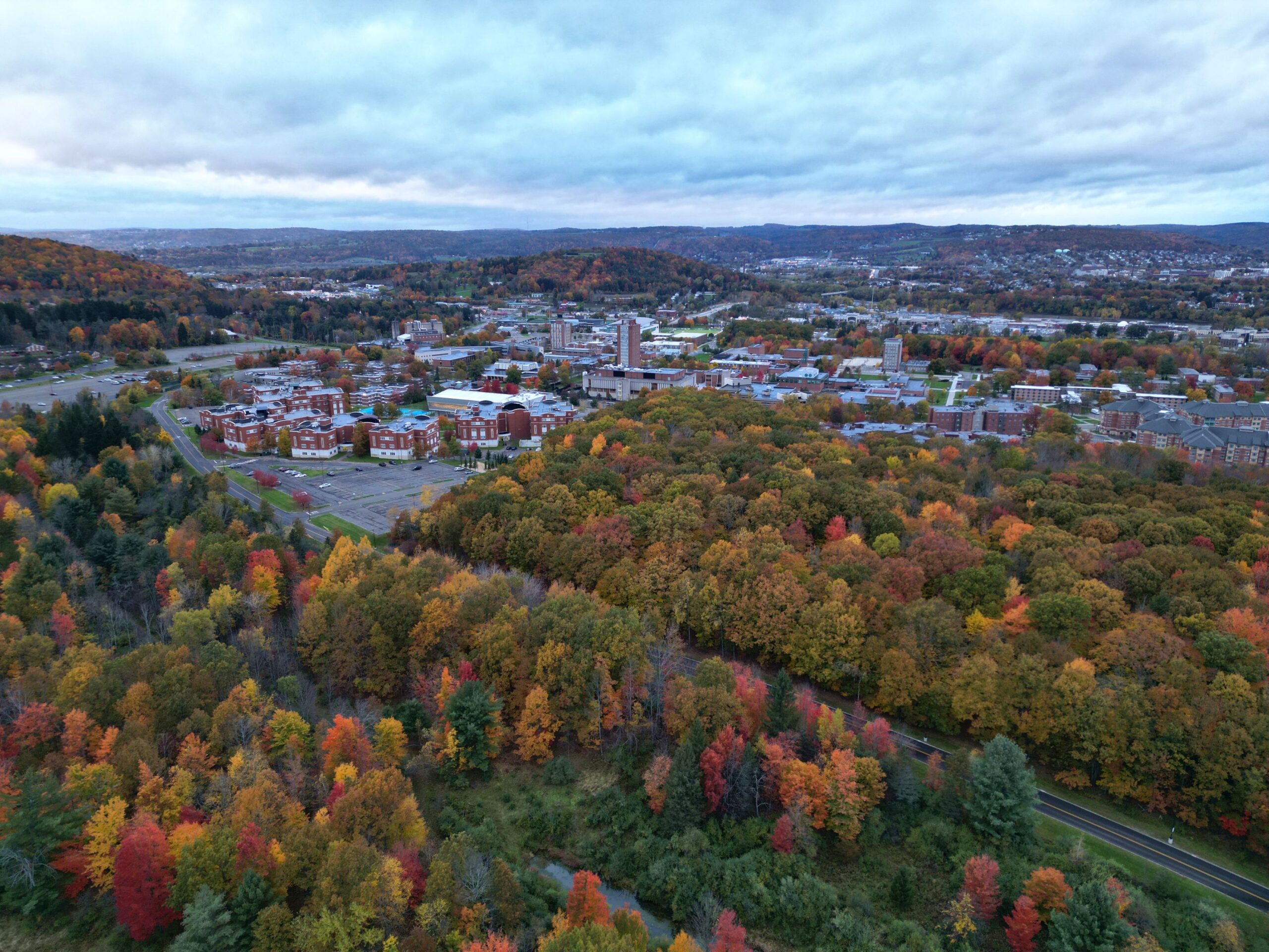 Aerial view of the Binghamton University campus in autumn