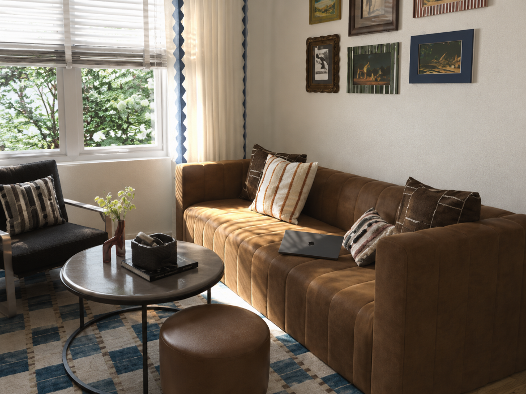 Living room with brown leather sofa