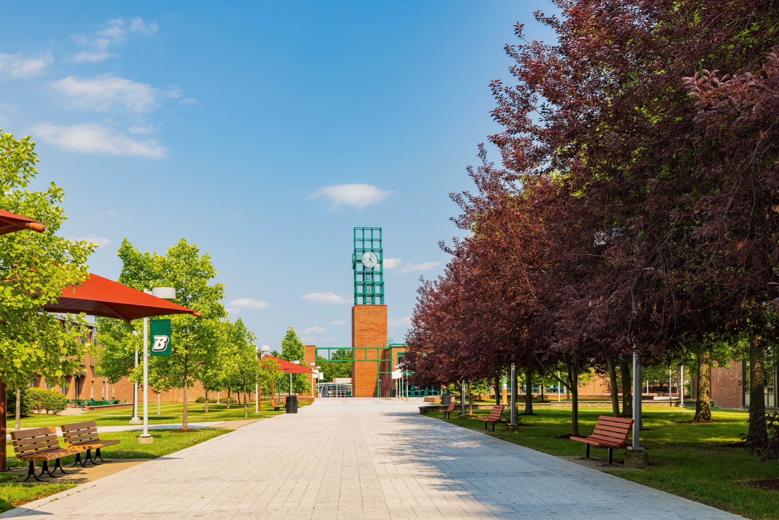 Walkway and clock tower on the Binghamton University campus
