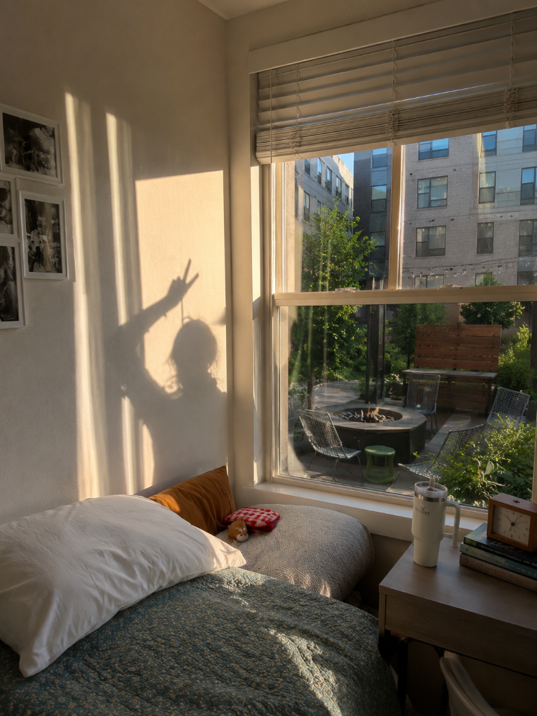 Girl's shadow making a peace sign on her bedroom wall