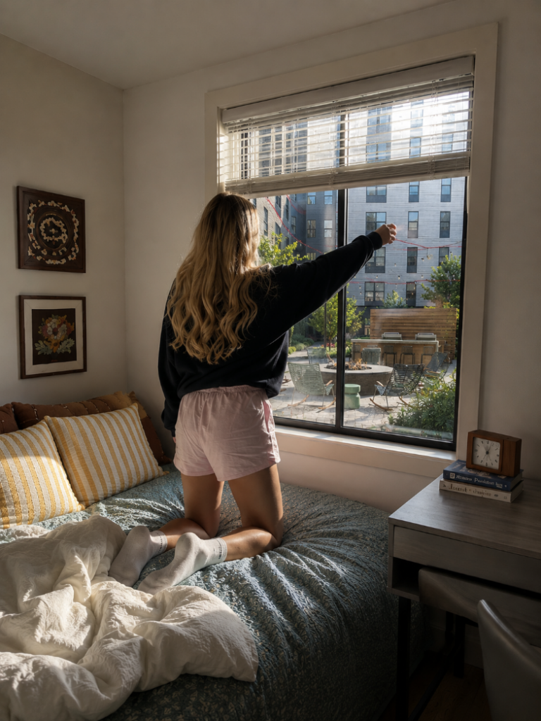 woman kneeling at bedroom window